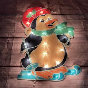 VTG Penguin Lighted Christmas Window Door Hanging Decor Sign Plastic Glittery